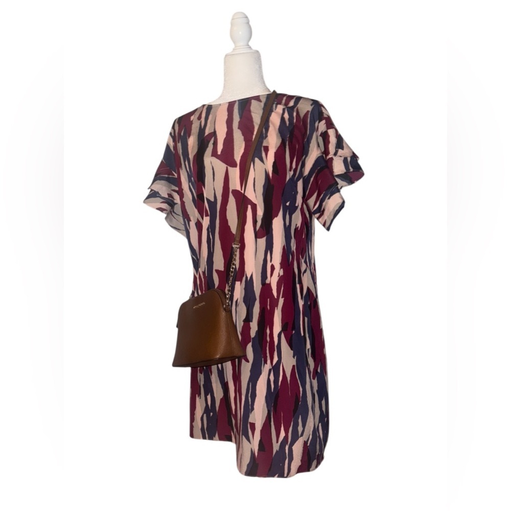 Madison Multicolor Abstract Print Shift Dress - Burgundy, Navy, Pink